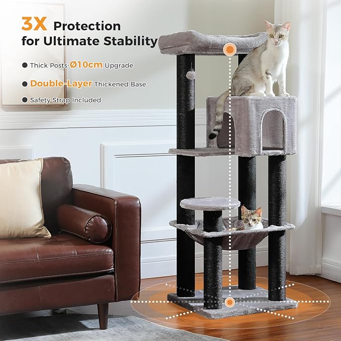 Large Cat Tree with Reinforced Scratching Posts (φ3.1in) for Big Adult Cats 30 lbs, 57.8" Heavy Duty Cat Tower with Larger Hammock and Condo, Cat Furniture for Maine Coon, Plush,Black-Mewly Pet