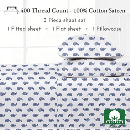 California Design Den Printed Twin XL Sheet Sets - 400 Thread Count Sateen, Natural 100% Cotton Sheets Set, Deep Pockets, Cooling and Durable Bedding Set - Paisley Blue
