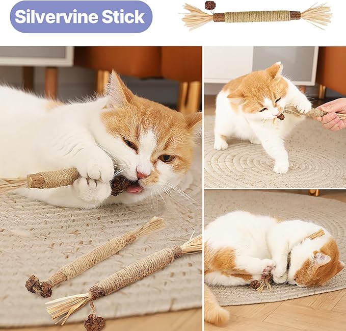 Cat Toys for Indoor Cats-7 Pieces Emrichment with Speedy Tail Moving Ball,Chirping Bird,Silvervine Sticks,Chew Rope,2 Cat Ball Toy,Hanging Caterpillar,Interactive Cat Toys for Bored Indoor Adult Cats-Mewly Pet