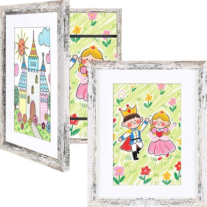 KINLINK 8.5x11 Kids Art Frames Set of 2, Solid Wood Kids Artwork Frames Changeable with Acrylic Front Opening Holds 150 Pictures, Art Frame for Kids Artwork with Mat or without Mat, Rustic White