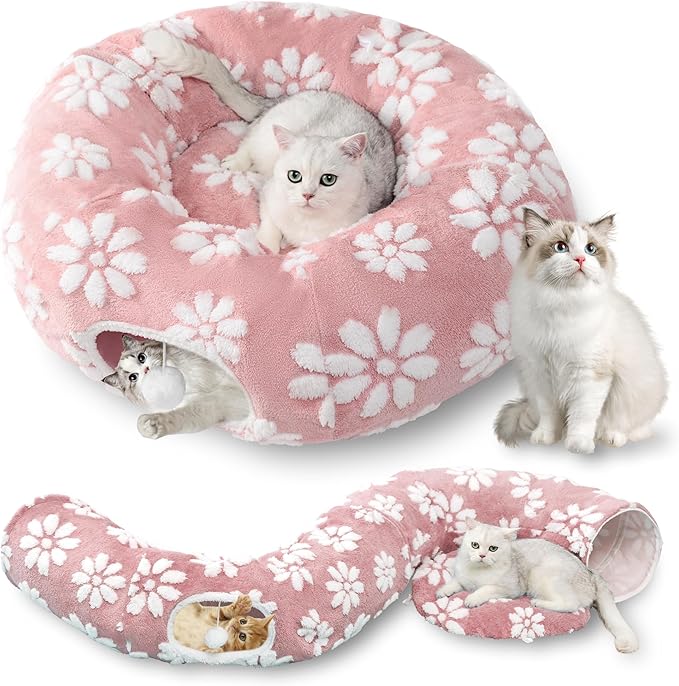 Cat Tunnel for Indoor Cats, Cute Peekaboo Cat Cave with Dangling Balls, Pet Donut Tunnel Bed with Circle Mat for Puppy Kitten Rabbit, Pink-Mewly Pet
