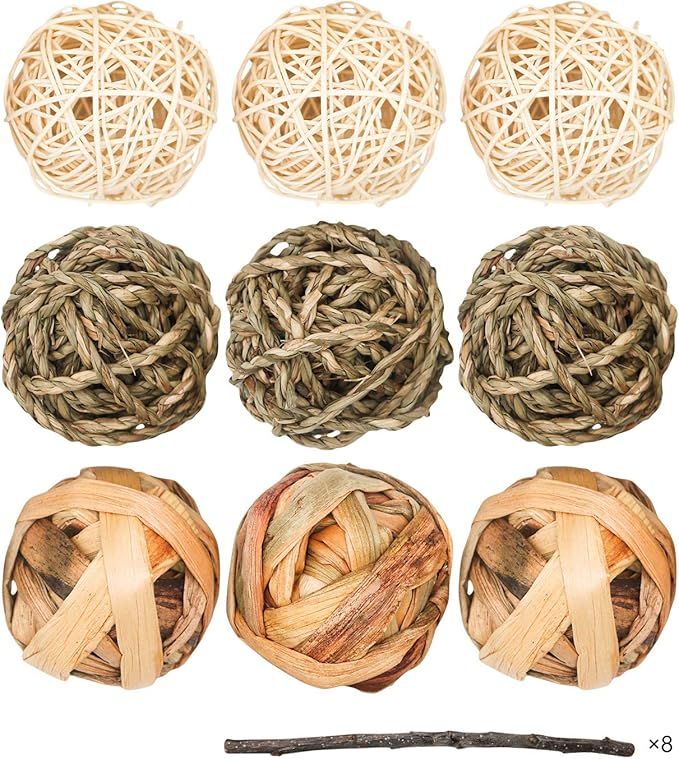 9 Pcs Small Animals Play Balls Rolling Activity Chew Toys Gnawing Treats for Rabbits Guinea Pigs Chinchilla Bunny Natural Balls, Pet Cage Entertainment Accessories (9 Pcs)-Mewly Pet