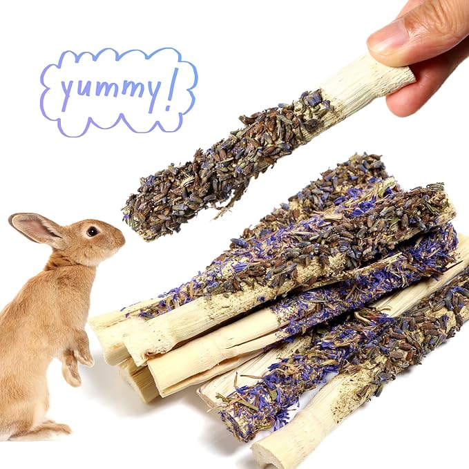 Abizoo Sweet Bamboo Rabbit Chew Sticks Treats and Toys 8Pcs Natural Hay with Forget-Me-Not Lavender for Bunny Guinea Pig Chinchilla Dental Care-Mewly Pet