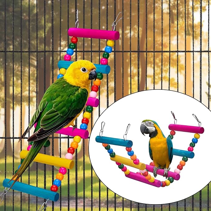 11Pcs Bird Parakeet Toys Wooden Bird Platform Stands Swing Hanging Chewing Toy Parrot Climbing Ladder Colorful Bird Cage Toys for Parakeet, Conure, Cockatiel, Love Birds, Finches-Mewly Pet