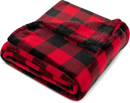 PAVILIA Black and Red Buffalo Plaid Fleece Bed Blanket King Size, Soft Checkered Flannel Blanket for Sofa, Plaid Christmas Couch Throw Bed, Warm Cozy Decorative Blanket Fall Decor Gift, 90x90