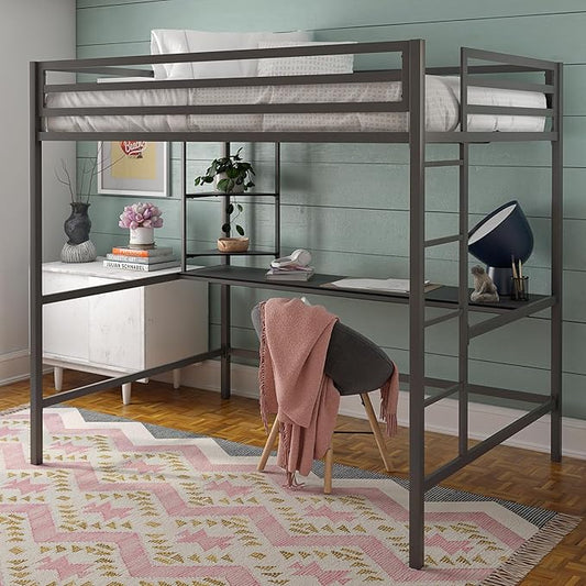 Novogratz Maxwell Metal Full Loft Bed with Desk & Shelves, Gray/Black