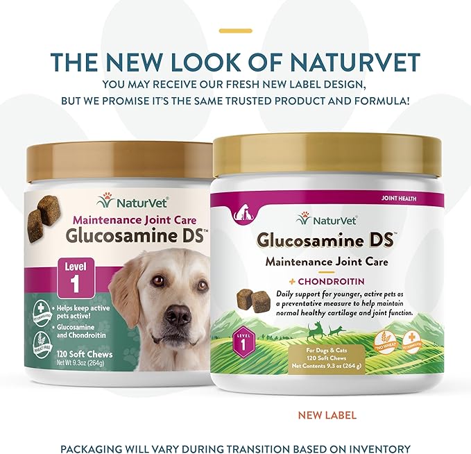 NaturVet Glucosamine DS Level 1 Maintenance, Joint Care Support Supplement for Dogs and Cats, Soft Chews, Made in The USA-Mewly Pet