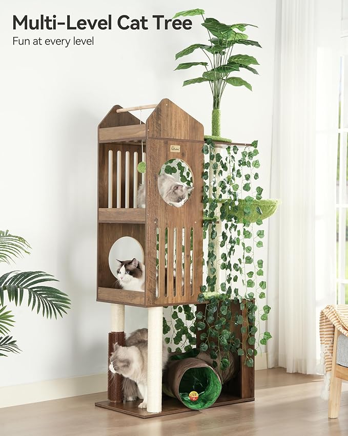 FourFurPets Large Cat Tree with Leaves, 72.8-Inch Cat Tower for Indoor Cats, Modern Cat Tree with Scratching Post, Large Perch, Tunnels, Swing Ball, Self Groomer, Greige-Mewly Pet