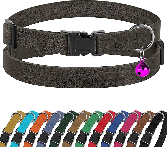 Breakaway Cat Collar Leather with Removable Bell - 13 Colors Available - Soft Adjustable Girl Boy Safety Lightweight Pet Kitten Collars Pink Brown Blue Green Red Orange Black (Graphite)-Mewly Pet