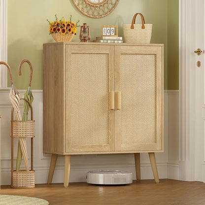 Iwell Storage Cabinet with 2 Shelves, Rattan Cabinet with 2 Doors, Sideboard Buffet Cabinets with Storage for Living Room, Dining Room, Entryway, Natural