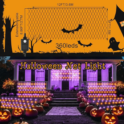 HYH Halloween Net Lights,360 LED 12FT x 5FT Halloween Decor Fairy Orange&Purple with 8 Modes String Connectable Waterproof Outdoor Lights,Hanging Light for Indoor Party Yard Garden Bushes Decorations