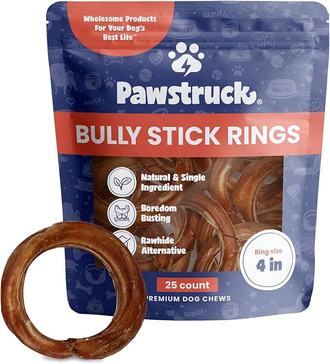 Pawstruck All-Natural 4" Bully Stick Rings for Dogs - Rawhide-Free, 100% Beef, Single Ingredient Dental Chew Bones - Fully Digestible, Low Odor - Bulk 25 Pack - Packaging May Vary-Mewly Pet