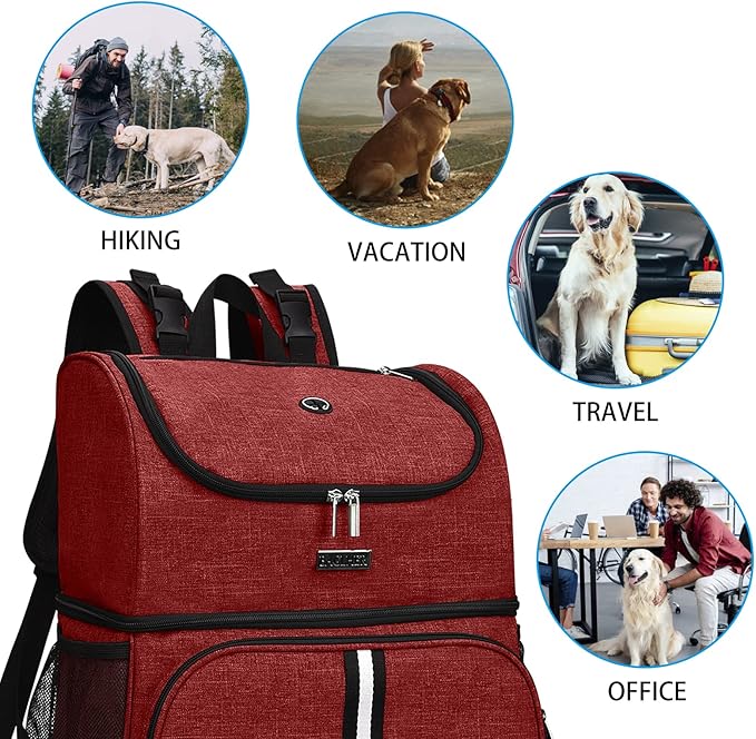BAGLHER Pet Travel Bag, Double-Layer Pet Supplies Backpack (for All Pet Travel Supplies), Pet Travel Backpack with 2 Silicone Collapsible Bowls and 2 Food Baskets Red-Mewly Pet