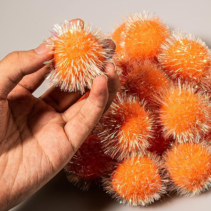 VAPKER 30 Pcs Cat Ball Toys Sparkle Balls Extra Large 2 Inch Cat's Favorite Chase Glitter Ball Glitter Tinsel Pom Poms Balls Orange Color-Mewly Pet
