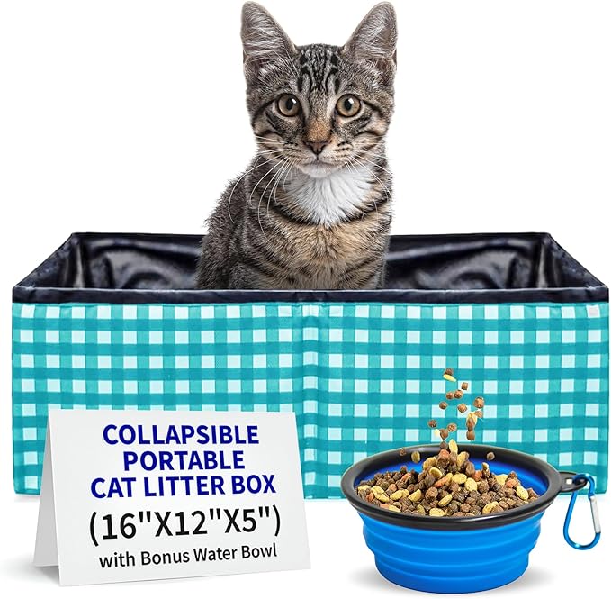 Pet Fit For Life - Vibrant Collapsible Travel Cat Litter Box - Portable, Foldable, Compact Design with Bonus Water Bowl - Ideal for Car & Camping - Reusable, Cats Safe - Teal, (16"x12"x5")-Mewly Pet