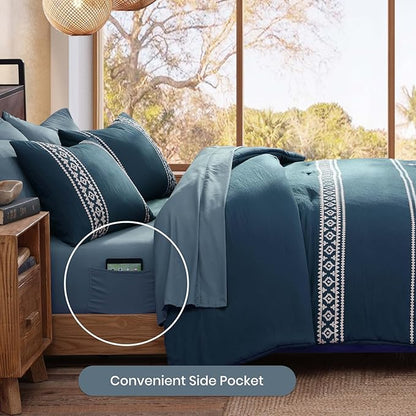 MaiRêve Embroidery King Size Comforter Set Navy Blue, Boho Farmhouse Western Bedding Set 7 Pieces, All Season Bed in A Bag Comforter Set with Sheets, Pillowcases & Shams
