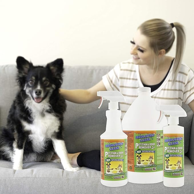 Absolutely Clean Amazing Pet Odor Eliminator for Home, Professional Strength: Natural Enzymes Remove Most Stains in 60 Seconds -Dog/Cat Urine, Vomit, Bile, Feces, Grass, Blood, Drool, More -USA Made-Mewly Pet