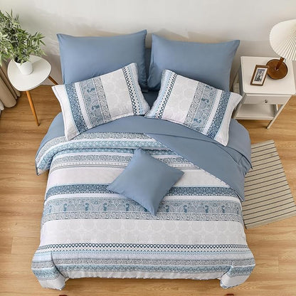 Cottolester Boho Comforter Set Queen Size Light Blue Comforter Set 8 Piece Bed in a Bag Paisley Floral Bedding Sets All Season