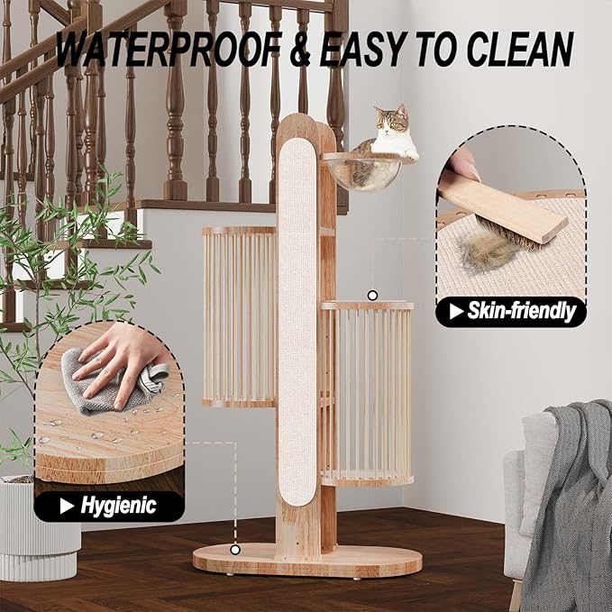 Modern Cat Tree Tower for Indoor Cats, 67" Tall Solid Wooden Cat Tower with Scratching Posts, 6 Level Natural Luxury Cat House with Big Bed, Washable Cushions Cat Furniture for Large Cats White-Mewly Pet