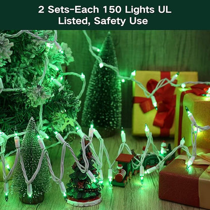 Brizled Green Christmas Lights, 69.6ft 300 Count Mini String Lights Connectable, 120V UL Certified Incandescent Light White Wire, Green Xmas Tree Light for Indoor Outdoor Xmas Halloween Tree Party