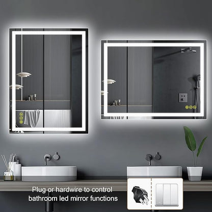 Wall-Mounted LED Square Bathroom Mirror, Makeup Mirror (32 inches x 24 inches,) 3 Color Dimming Bathroom Vanity Mirror with Lights Smart Mirror with Touch (Horizontal/Vertical)