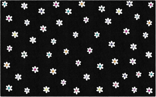 Flagship Carpets Schoolgirl Style Small Daisies on Black Educational Area Rug for Kids Room Seating Décor, Children's Classroom, Play Carpet for Teaching and Playroom, 7'6 "x 12'