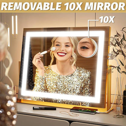 FENNIO Vanity Mirror with Lights 22''x18'' Makeup Mirror with Lights,Lighted Makeup Mirror with 10X Magnification and USB，Smart Touch Screen with 3-Color Lighting,Dimmable（Square Gold）