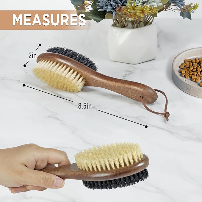 Takavu Double-Sided Boar Bristle Cat Brush - Natural Grooming Tool for Gentle Cleaning, Shine & Reduced Loose Hair - Wood Handle Pet Brush-Mewly Pet