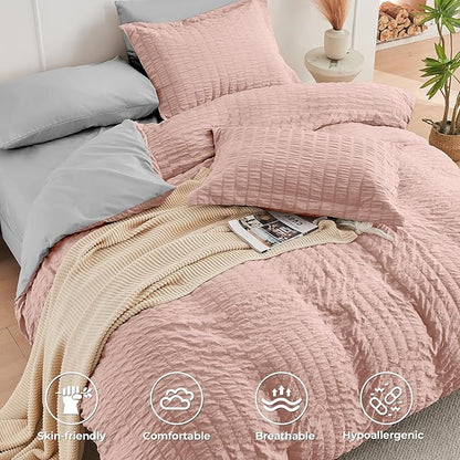 HYMOKEGE Rose Gold/Light Grey Twin Comforter Set Seersucker 5 Pieces, All Season Luxury Bed in a Bag for Bedroom, Bedding Set with Comforter, Sheets, Pillowcase & Sham