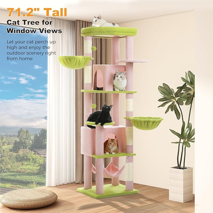 71.2" Large Cat Tree for Multi-Cat Households - Heavy-Duty 9-Level Cat Tower w/5 Sisal Scratching Posts, 2 Condos, 3 Hammocks, Extra-Large Perch & Pompoms - Space-Saving, Pink-Mewly Pet