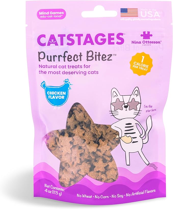 Catstages by Nina Ottosson Purrfect Bitez Natural Crunchy Cat Treats for Puzzles, Toys, Feeders, & Training, USA-Made, Real Chicken Flavor, 4oz-Mewly Pet