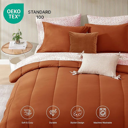 Monbix King Size Comforter Set - 7 Pieces Bed in a Bag King, Burnt Orange Track Stitching Bedding Sets, All Seasons Down Alternative Comforter Bed Set with Sheets