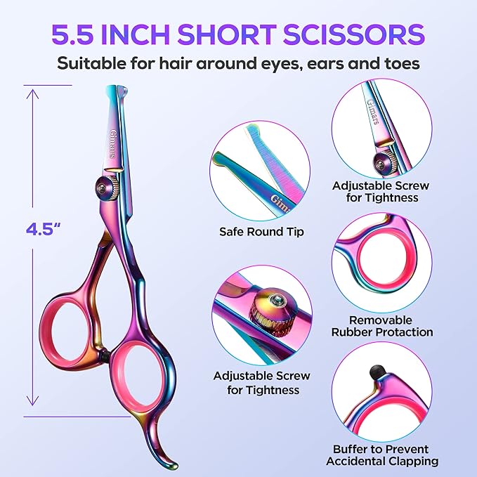 Gimars Professional 4CR Stainless Steel 6 in 1 Grooming Scissors for Dogs with Safety Round Tip, Heavy Duty Titanium Coated Pet Grooming Scissor for Dogs, Cats and Other Animals-Mewly Pet