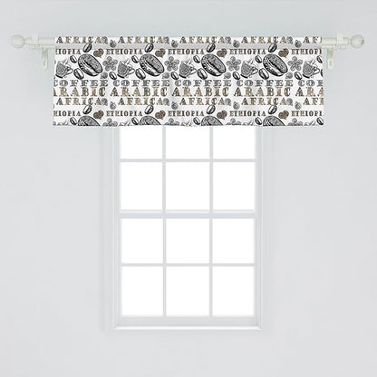 Ambesonne Modern Window Valance, Coffee Beans with Ornamental Words Ethiopians Pattern, Curtain Valance for Kitchen Bedroom Decor with Rod Pocket, 42" x 18", Sand Brown Black