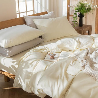 MooMee Bedding Duvet Cover Set 100% Washed Cotton Linen Like Textured Breathable Durable Soft Comfy (Solid Cream White, King 104"x90")