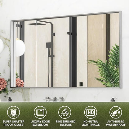 Suidia Bathroom Mirror, 60" x 30" Wall Mirror Metal Framed, Bathroom Vanity Mirror for Living Room Bedroom Bathroom Entryway, Silver, Rect Corner Style