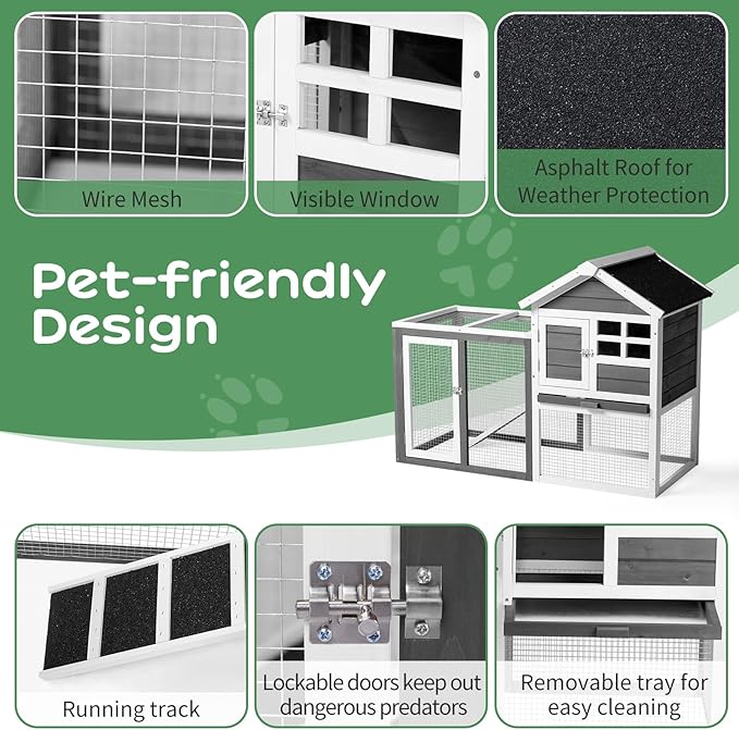 Outvita Rabbit Hutch, Small Wood Chicken Coop, 48" Guinea Pig Cage w/Pull-Out Tray, Waterproof Asphalt Roof, Chicken Run, Interactive Door for Small Animal Pen Outdoor-Mewly Pet