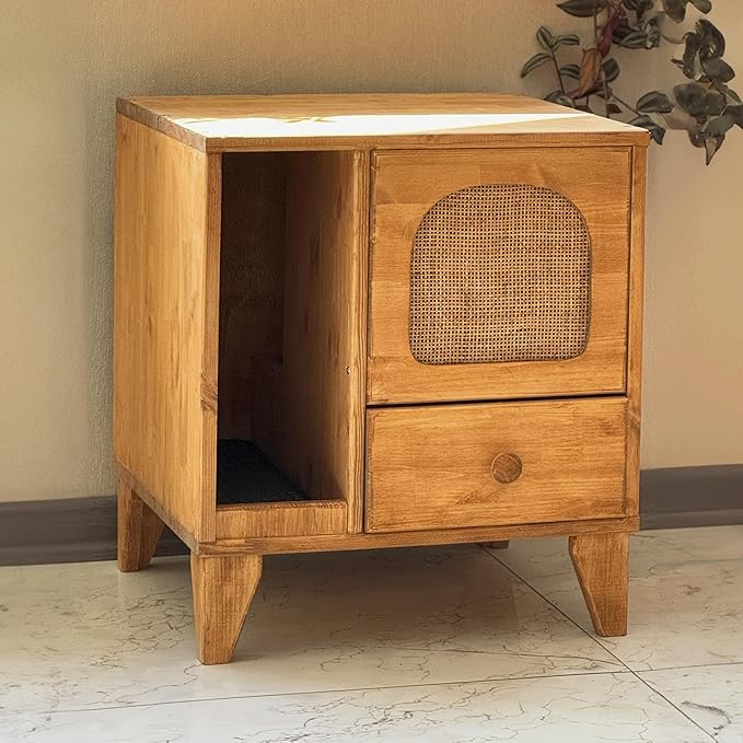 Cat Litter Box | Hidden Litter Box Furniture with Removable Divider | Wooden Cat Washroom Furniture | Indoor Cats House (Wood)-Mewly Pet