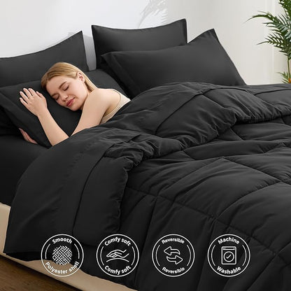 Love's cabin King Size Comforter Set Ash Black, 7 Pieces King Bed in a Bag, All Season Bedding Sets with 1 Comforter, 1 Flat Sheet, 1 Fitted Sheet, 2 Pillowcase and 2 Pillow Sham