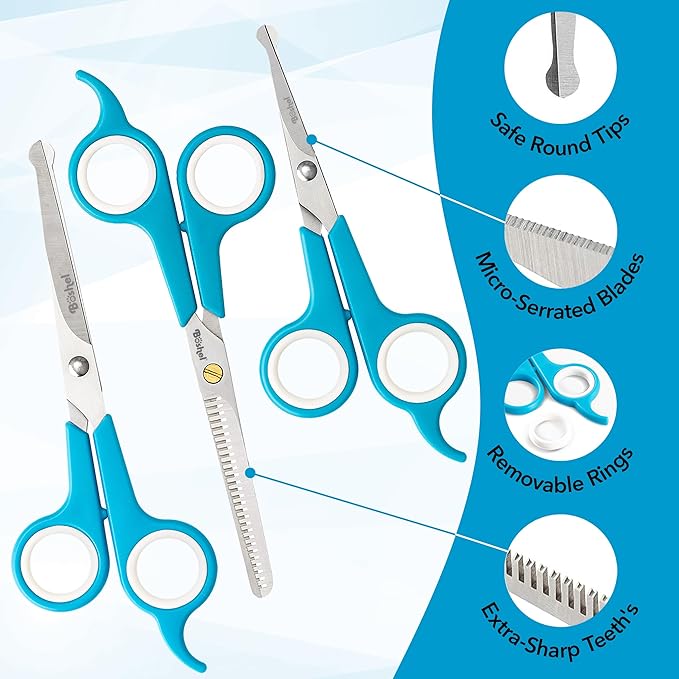 BOSHEL 3 Pc Dog Grooming Scissors Kit - 7" Scissor For Body Hair Trimming, 6" Small Micro-serrated Scissor For Face, Ear, & Paws, Thinning Shears For Dogs - Professional Dog Grooming Kit For Cat & Pet-Mewly Pet