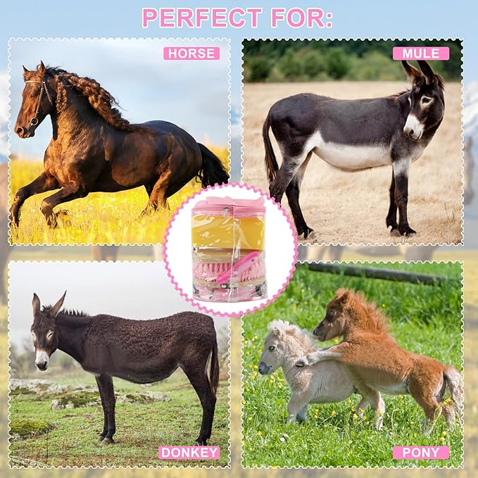 Horse Grooming Kits, 9 Pieces Pink, Includes Tote Bag, Bathing Supplies Sweat Scraper Bathing Sponge, Hoof Pick, Curry Comb for Horse Riders Beginners-Mewly Pet
