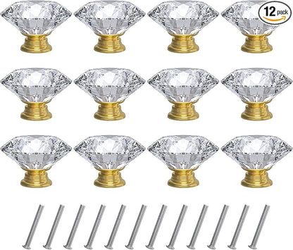 Tomorotec 12-Pack 40mm White Crystal Glass Cabinet Drawer Pull with Gold Base for Modern & Classic Styles, Easy-to-Install Elegant Home Decor Upgrade with Durable Hardware for Vanity, Wardrobe, Desk