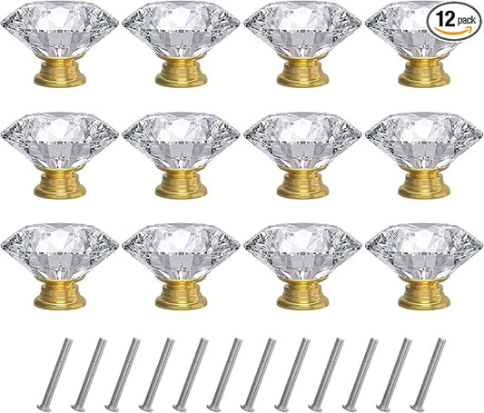 Tomorotec 12-Pack 40mm White Crystal Glass Cabinet Drawer Pull with Gold Base for Modern & Classic Styles, Easy-to-Install Elegant Home Decor Upgrade with Durable Hardware for Vanity, Wardrobe, Desk
