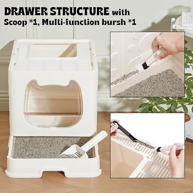 Gefryco Foldable Cat Litter Box with Lid,Covered Litter Box for Small and Medium Cats, Enclosed Cat Potty with Scoop and Brush, Top Entry Cute Kitten Litter Tray with Drawer and Top Cover(White)-Mewly Pet