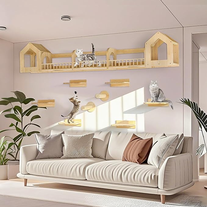 Cat Wall Shelves and Furniture Set with Condos, Perches, Bridge Ladders, Sisal Scratching Posts - Steps and Houses for Cats (D)-Mewly Pet