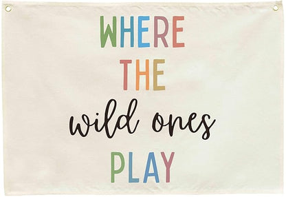 Playroom Rectangular Canvas Banner-Flag Wall Sign Decor for Kids Teen,Playroom Nursery Baby Room Bedroom Living Room Wall Decor-Where the Wild Ones Play-Baby Shower Birthday Christmas Gift