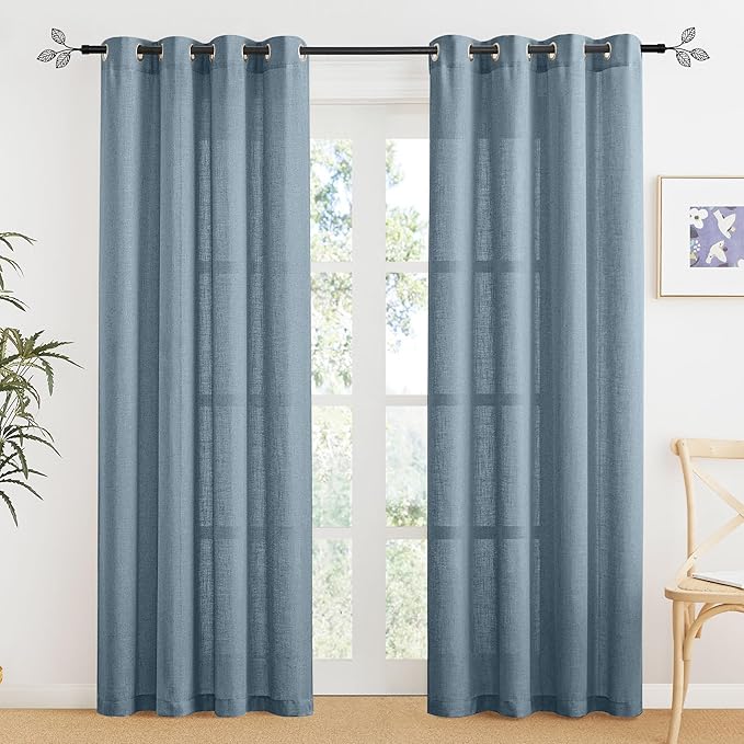 RYB HOME Stone Blue Semi Sheer Curtains 84 inches Long, Grommet Easy Sliding Light Filtering Half Privacy Window Curtains & Drapes for Bedroom Living Room Farmhouse, W 52 x L 84 inches, 2 Pcs