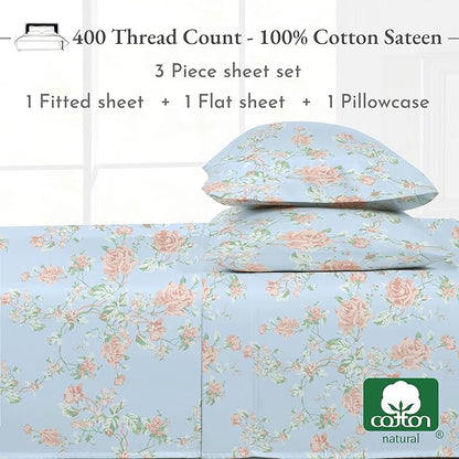 California Design Den Floral Deep Pocket Twin Sheets Set - 400 Thread Count Sateen, Natural 100% Cotton Sheets, Cooling and Durable Bedding Set - Antique Rose