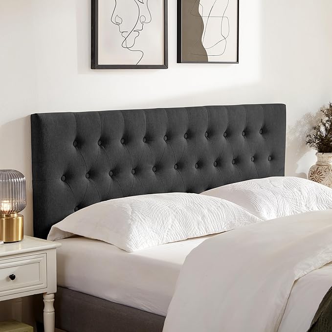 Tufted Upholstered Headboard Twin Size, Solid Wood Head Board with Durable Metal Legs, Adjustable Height Twin XL headboard from 37” to 51” Fabric Headboard in Modern Button Design, Black