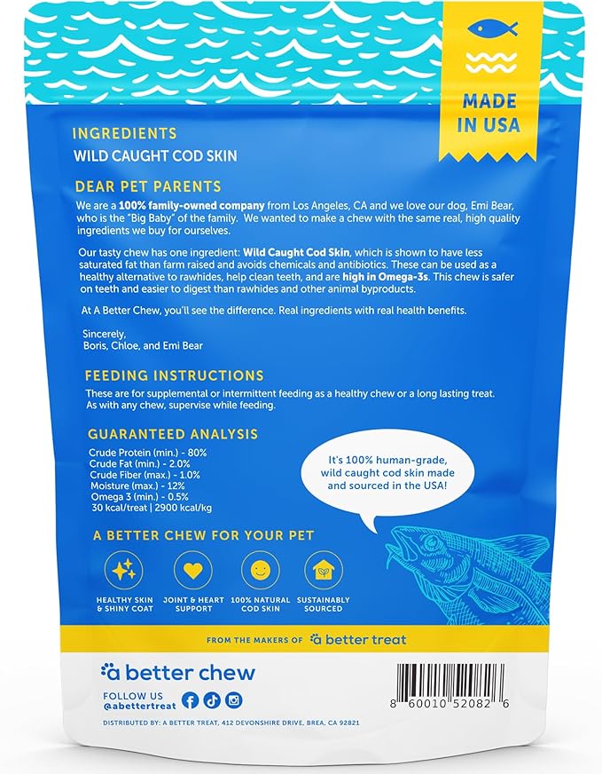 A Better CHEW – Wild Caught Cod Skin Dog Treats | Sourced and Made in The USA, Single Ingredient, Dehydrated | Natural, Healthy Alternative to Rawhides + Bully Sticks, Long Lasting Chew-Mewly Pet